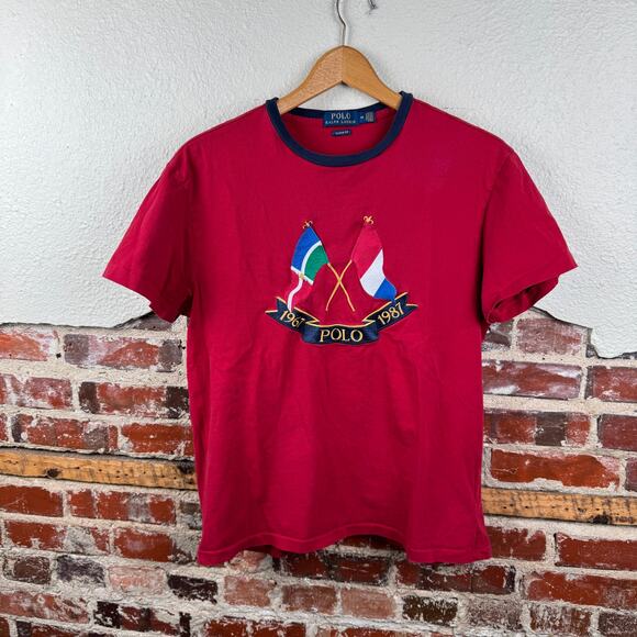 Polo Ralph Lauren Shirt Size Medium Red Short Sleeve Cross Flags Embroidered - Picture 1 of 8